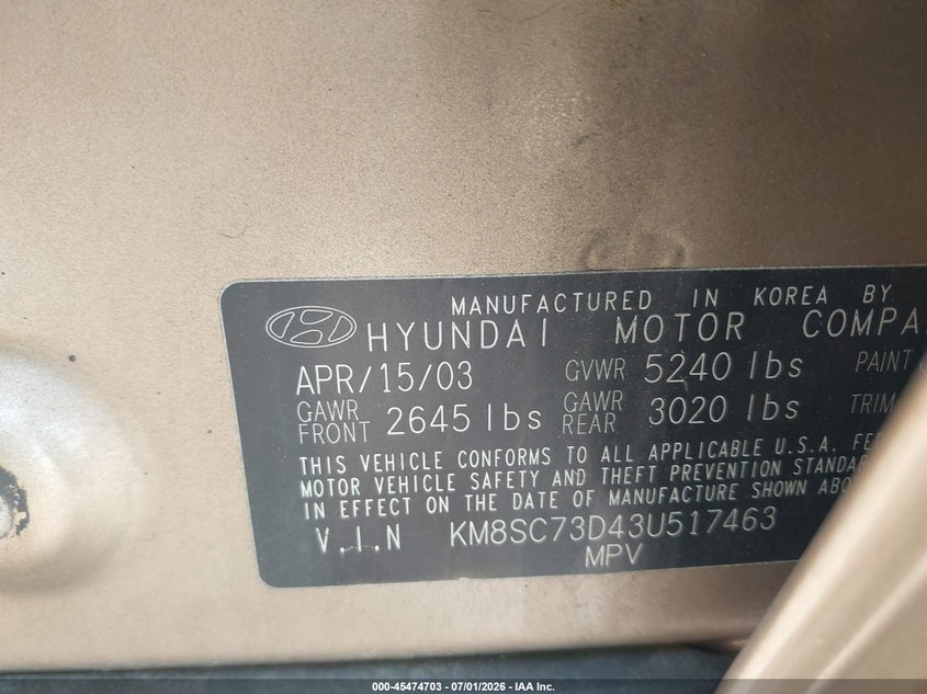 2003 Hyundai Santa fe VIN KM8SC73D43U517463 IAAI salvage auction — NORMAL WEAR, Clear (New York), sold $25 on 2026-07-07 (photo 9)