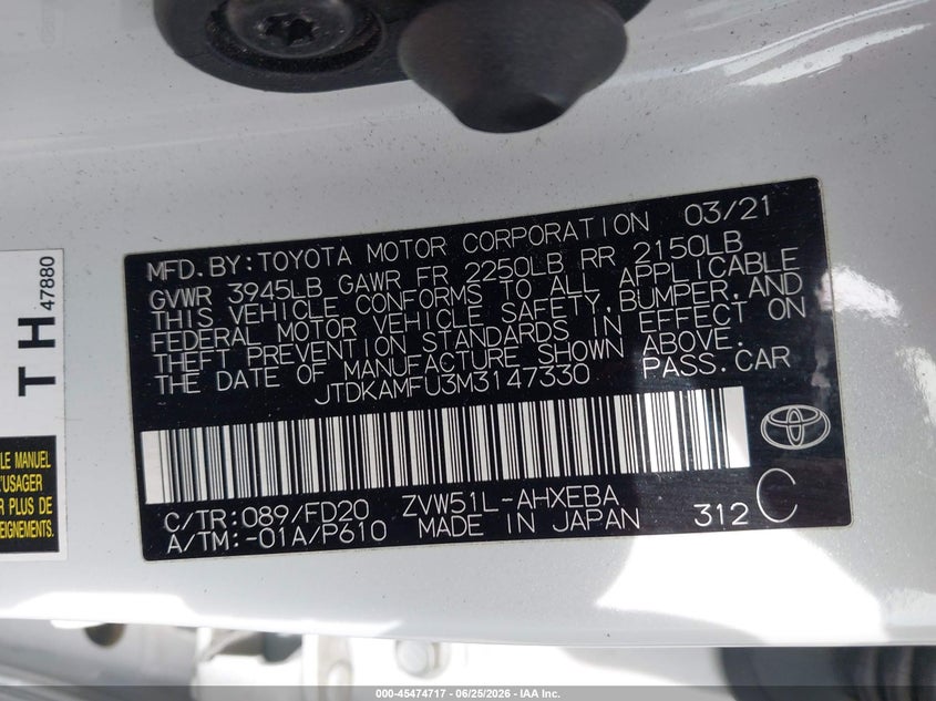 2021 Toyota Prius VIN JTDKAMFU3M3147330 IAAI salvage auction — RIGHT SIDE, Enterprise Vehicles Clear Only (Washington), sold $12,200 on 2026-07-08 (photo 9)