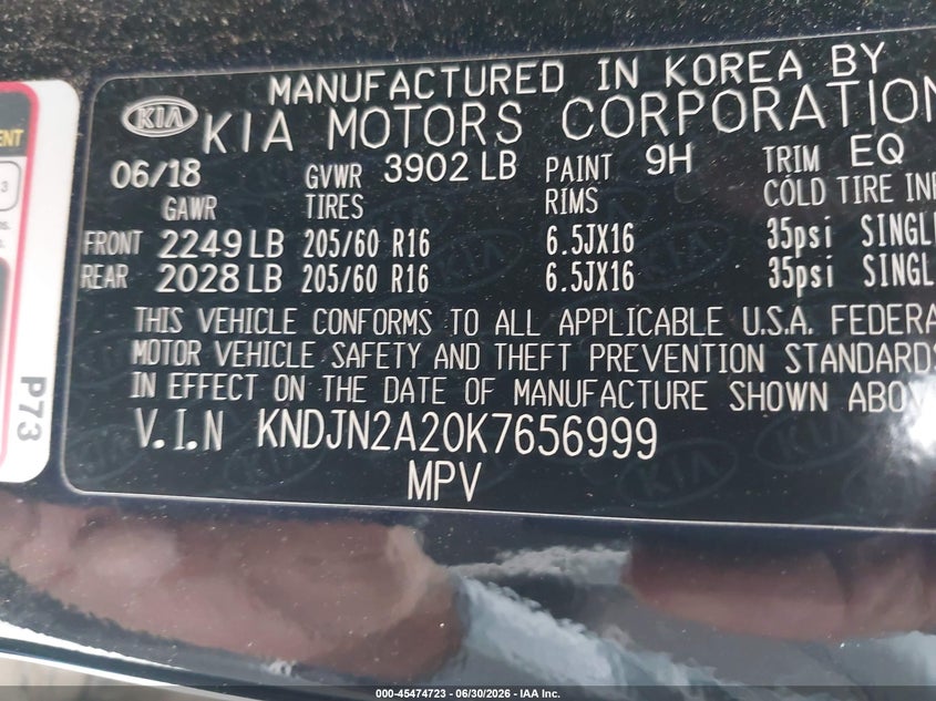 2019 Kia Soul VIN KNDJN2A20K7656999 IAAI salvage auction — NORMAL WEAR, Clear (California), sold $1,625 on 2026-07-08 (photo 9)