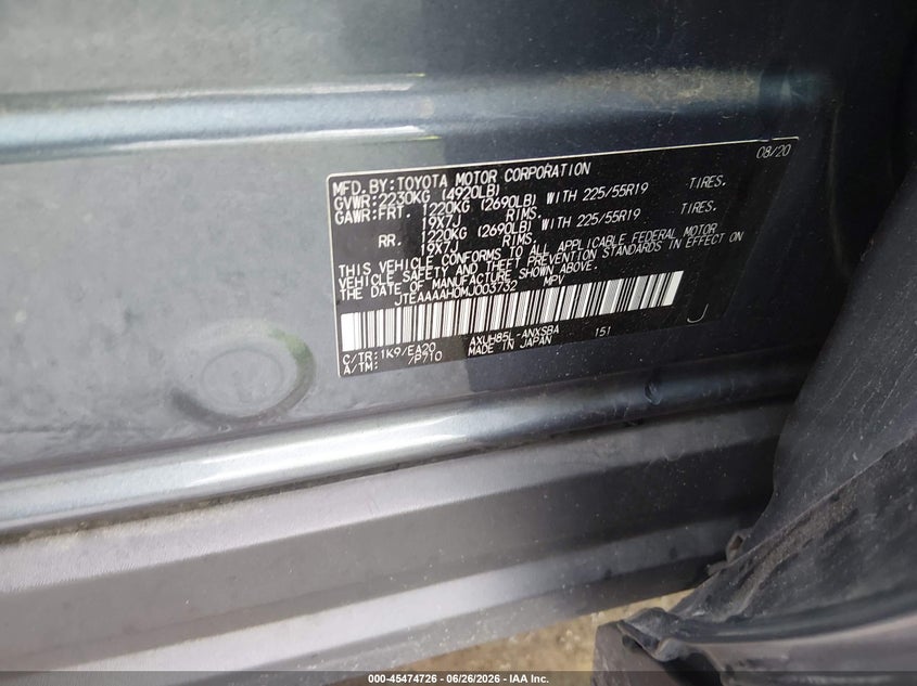2021 Toyota Venza VIN JTEAAAAH0MJ003732 IAAI salvage auction — LEFT SIDE, Salvage (North Carolina), sold $14,800 on 2026-08-21 (photo 9)