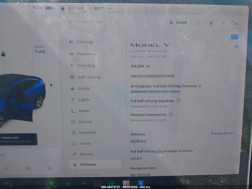 2020 Tesla Model y VIN 5YJYGDEE1LF057906 IAAI salvage auction — SIDE, Salvage (California), sold $6,900 on 2026-07-16 (photo 7)