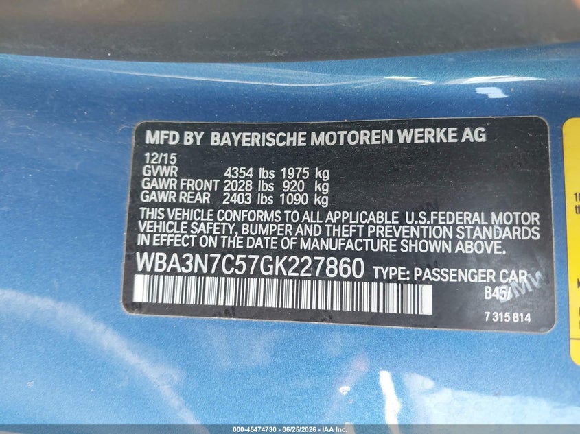 2016 BMW 4er VIN WBA3N7C57GK227860 IAAI salvage auction — SIDE, Wait Title, sold $4,500 on 2026-08-18 (photo 9)