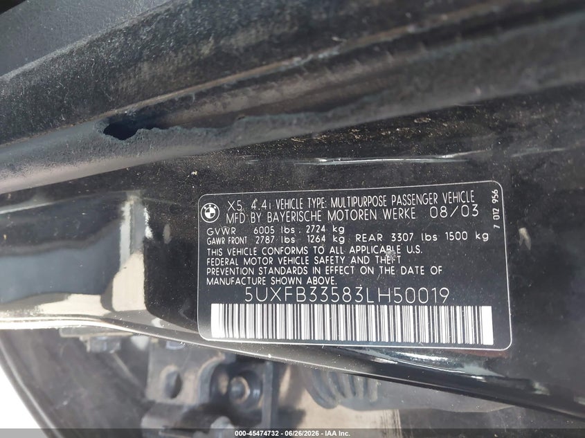 2003 BMW X5 VIN 5UXFB33583LH50019 IAAI salvage auction — NORMAL WEAR, Peddle Clear Public-Restricted (Oregon), sold $100 on 2026-07-14 (photo 9)