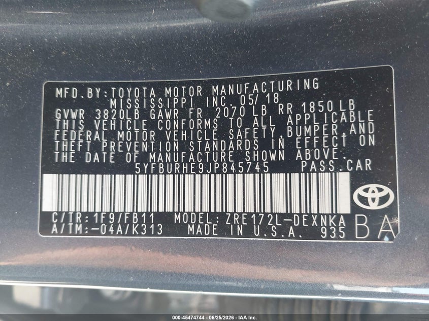 2018 Toyota Corolla VIN 5YFBURHE9JP845745 IAAI salvage auction — WATER/FLOOD, Salvage (Texas), sold $2,050 on 2026-08-01 (photo 9)