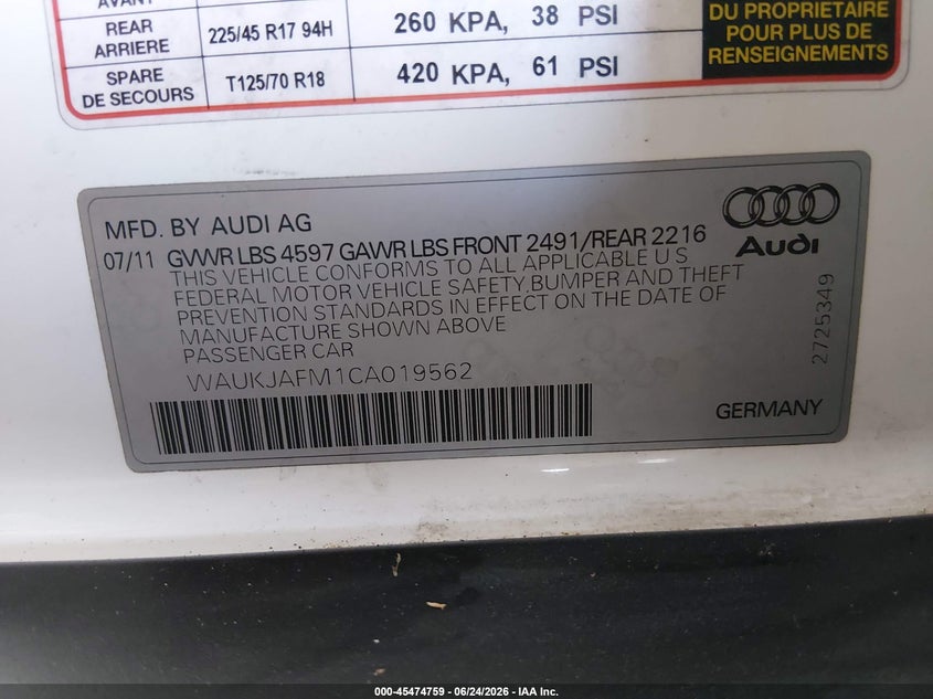 2012 Audi A3 VIN WAUKJAFM1CA019562 IAAI salvage auction — NORMAL WEAR, Clear-Dealer Only (Arizona), sold $600 on 2026-07-28 (photo 9)