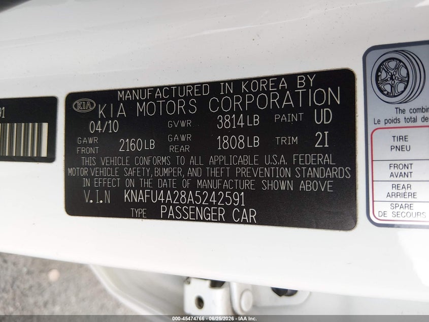 2010 Kia Forte VIN KNAFU4A28A5242591 IAAI salvage auction — THEFT, Salvage (California), sold $875 on 2026-07-16 (photo 9)