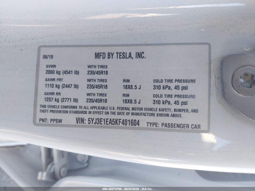 2019 Tesla Model 3 VIN 5YJ3E1EA5KF401604 IAAI salvage auction — FRONT END, Salvage (California), sold $8,050 on 2026-07-08 (photo 9)