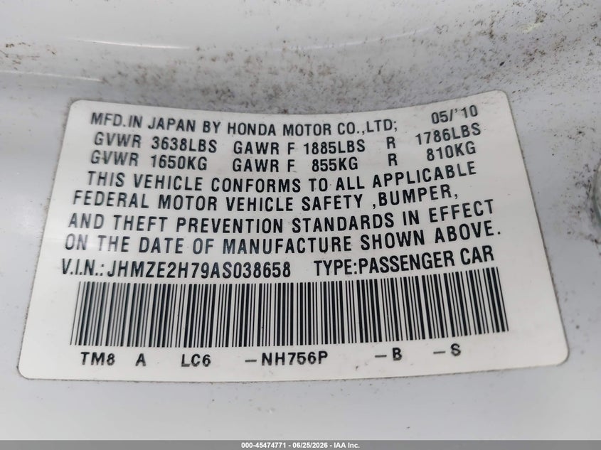 2010 Honda Insight VIN JHMZE2H79AS038658 IAAI salvage auction — FRONT & REAR, Salvage (California), sold $500 on 2026-07-08 (photo 9)