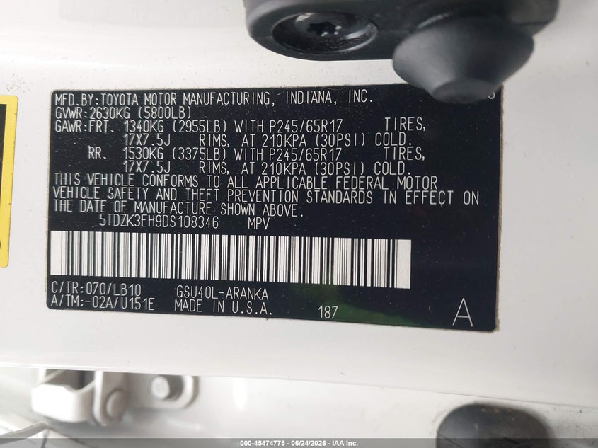 2013 Toyota Highlander VIN 5TDZK3EH9DS108346 IAAI salvage auction — RIGHT SIDE, Salvage (California), sold $3,875 on 2026-07-08 (photo 9)