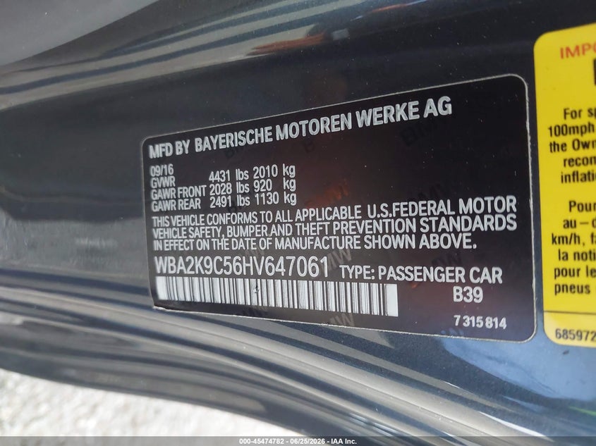 2017 BMW 2er VIN WBA2K9C56HV647061 IAAI salvage auction — FRONT END, Salvage (California), sold $3,150 on 2026-07-28 (photo 9)