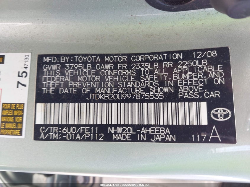 2009 Toyota Prius VIN JTDKB20U997875535 IAAI salvage auction — LEFT FRONT, Clear - Dealer Only (California), sold $725 on 2026-07-15 (photo 9)