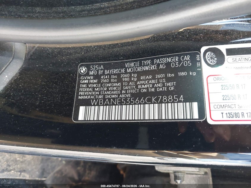 2006 BMW 5 series VIN WBANE53566CK78854 IAAI salvage auction — NORMAL WEAR, Repossession Paperwork (Georgia), sold $400 on 2026-07-22 (photo 9)