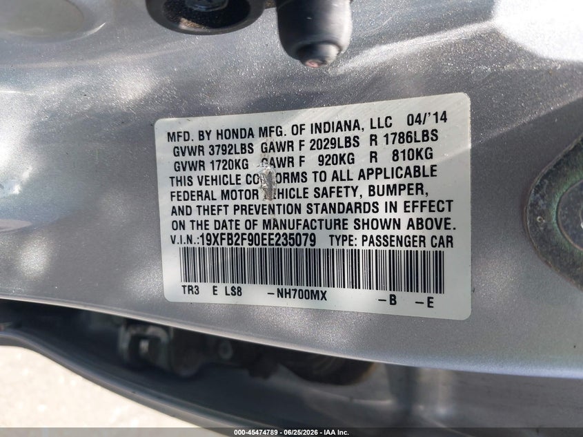 2014 Honda Civic VIN 19XFB2F90EE235079 IAAI salvage auction — LEFT SIDE, Salvage Title, sold $1,700 on 2026-07-30 (photo 9)