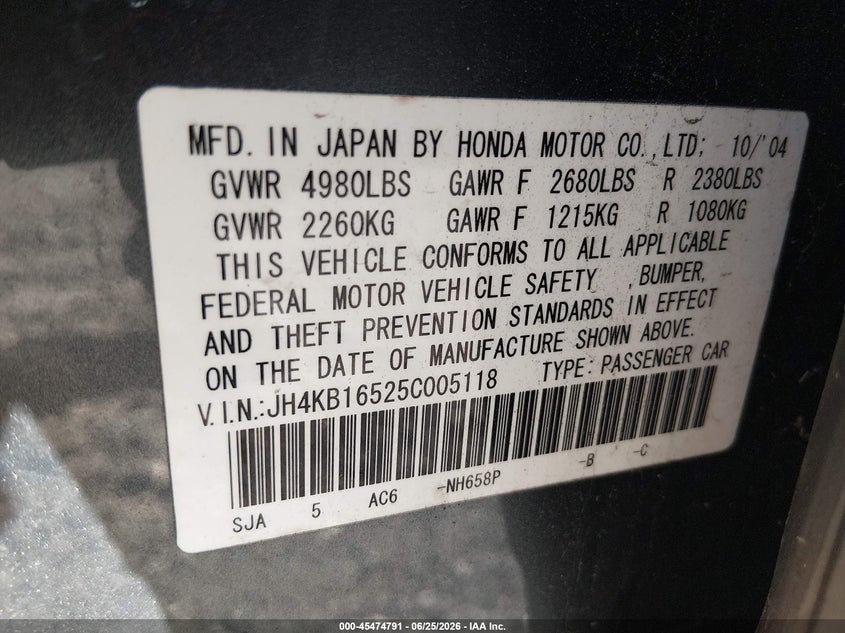 2005 Acura Rl VIN JH4KB16525C005118 IAAI salvage auction — NORMAL WEAR, Clear (New Jersey), sold $1,975 on 2026-07-09 (photo 9)