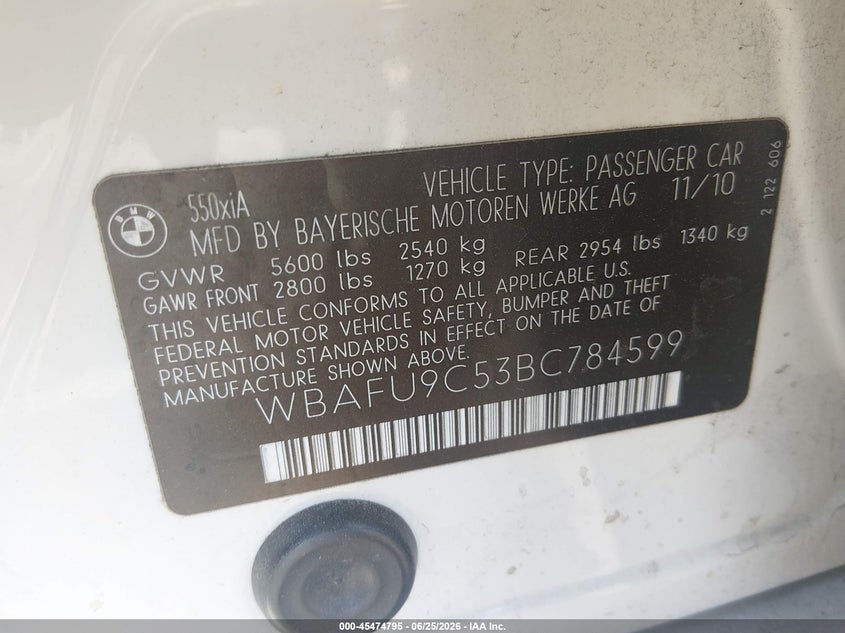 2011 BMW 5 series VIN WBAFU9C53BC784599 IAAI salvage auction — FRONT END, Salvage (Nevada), sold $1,750 on 2026-07-24 (photo 9)