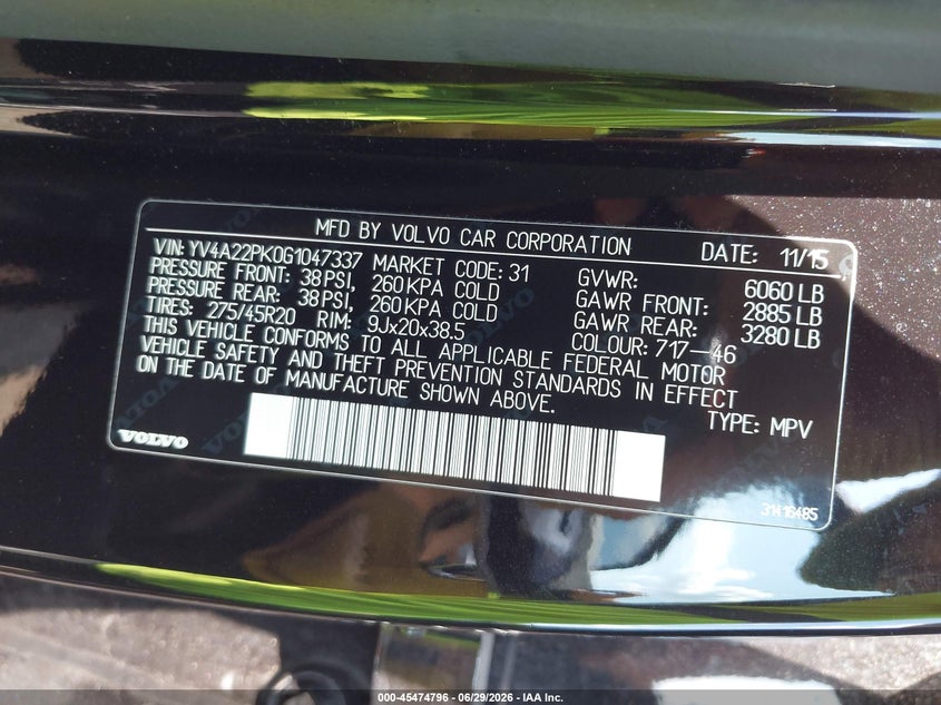 2016 Volvo Xc90 VIN YV4A22PK0G1047337 IAAI salvage auction — RIGHT SIDE, Salvage Title, sold $8,000 on 2026-08-05 (photo 9)