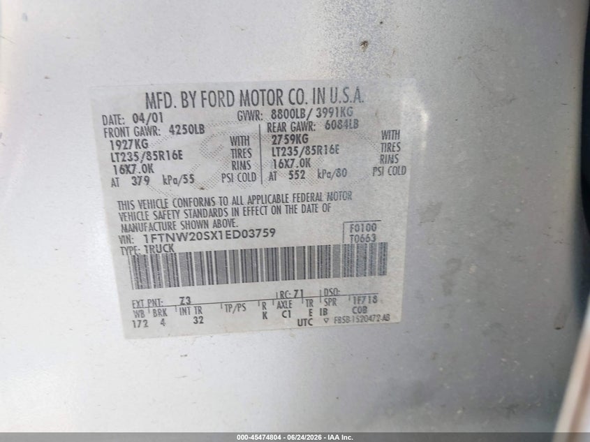2001 Ford F-250 VIN 1FTNW20SX1ED03759 IAAI salvage auction — REAR END, Salvage (California), sold $675 on 2026-07-09 (photo 9)