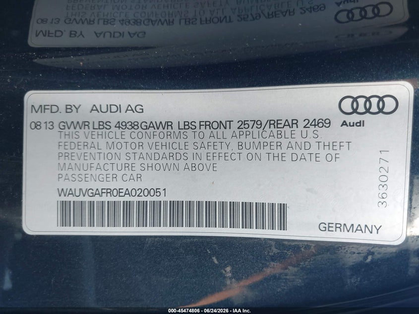 2014 Audi S5 VIN WAUVGAFR0EA020051 IAAI salvage auction — FRONT END, Clear-Dealer Only (Montana), sold $3,900 on 2026-07-08 (photo 9)