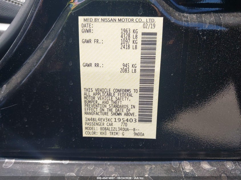 2019 Nissan Altima VIN 1N4BL4EV3KC195403 IAAI salvage auction — REAR END, Salvage (California), sold $3,000 on 2026-07-09 (photo 9)