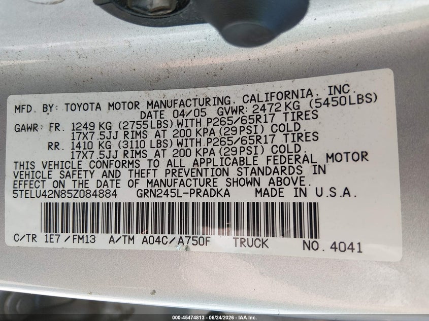 2005 Toyota Tacoma VIN 5TELU42N85Z084884 IAAI salvage auction — NORMAL WEAR, Clear (Delaware), sold $4,700 on 2026-07-13 (photo 9)