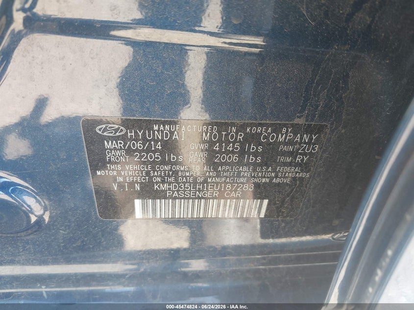 2014 Hyundai Elantra VIN KMHD35LH1EU187283 IAAI salvage auction — UNKNOWN, Salvage Title, sold $775 on 2026-07-24 (photo 9)