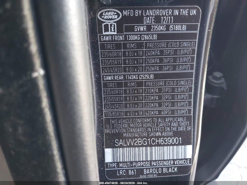 2012 Land rover Range rover evoque VIN SALVV2BG1CH639001 IAAI salvage auction — FRONT END, Clear - Dealer Only (California), sold $1,775 on 2026-07-22 (photo 9)