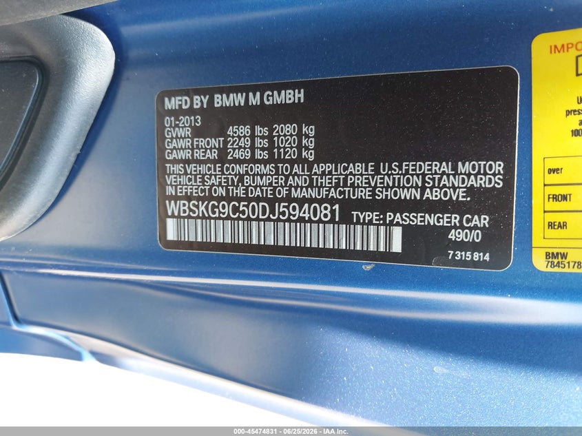 2013 BMW M3 VIN WBSKG9C50DJ594081 IAAI salvage auction — ENGINE DAMAGE, Salvage Certificate (California), sold $13,100 on 2026-07-24 (photo 9)