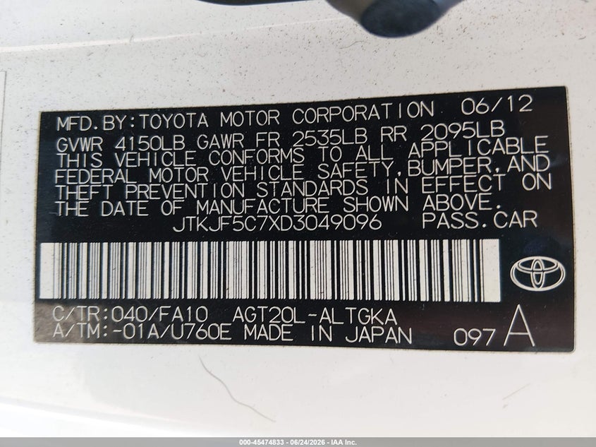 2013 Scion Tc VIN JTKJF5C7XD3049096 IAAI salvage auction — FRONT END, Salvage Title, sold $600 on 2026-07-22 (photo 9)