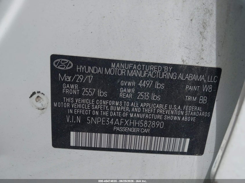 2017 Hyundai Sonata VIN 5NPE34AFXHH582890 IAAI salvage auction — FRONT END, Original (Texas), sold $675 on 2026-07-22 (photo 9)