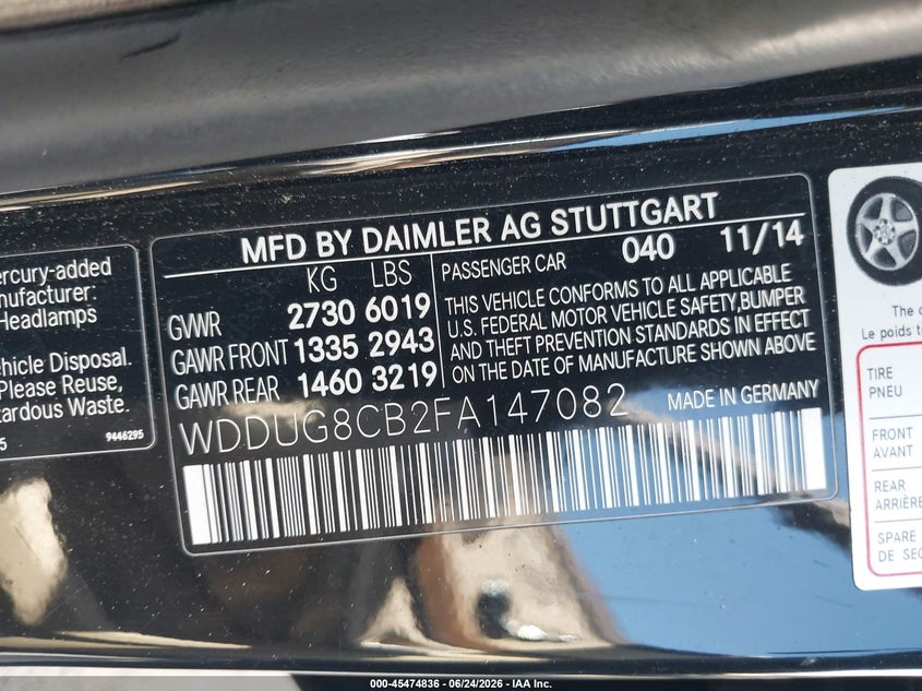 2015 Mercedes-benz S-klasse VIN WDDUG8CB2FA147082 IAAI salvage auction — FRONT END, Salvage (Montana), sold $6,100 on 2026-07-19 (photo 9)