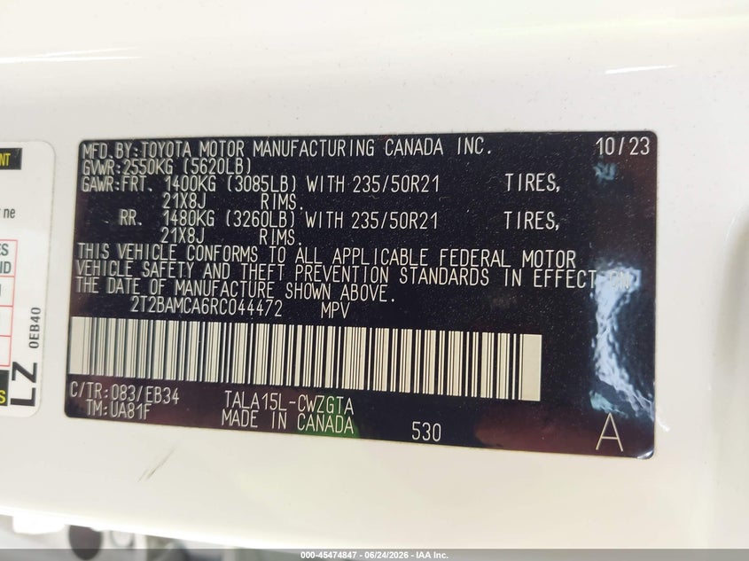 2024 Lexus Rx VIN 2T2BAMCA6RC044472 IAAI salvage auction — FRONT & REAR, Wait Title, sold $20,900 on 2026-10-19 (photo 9)