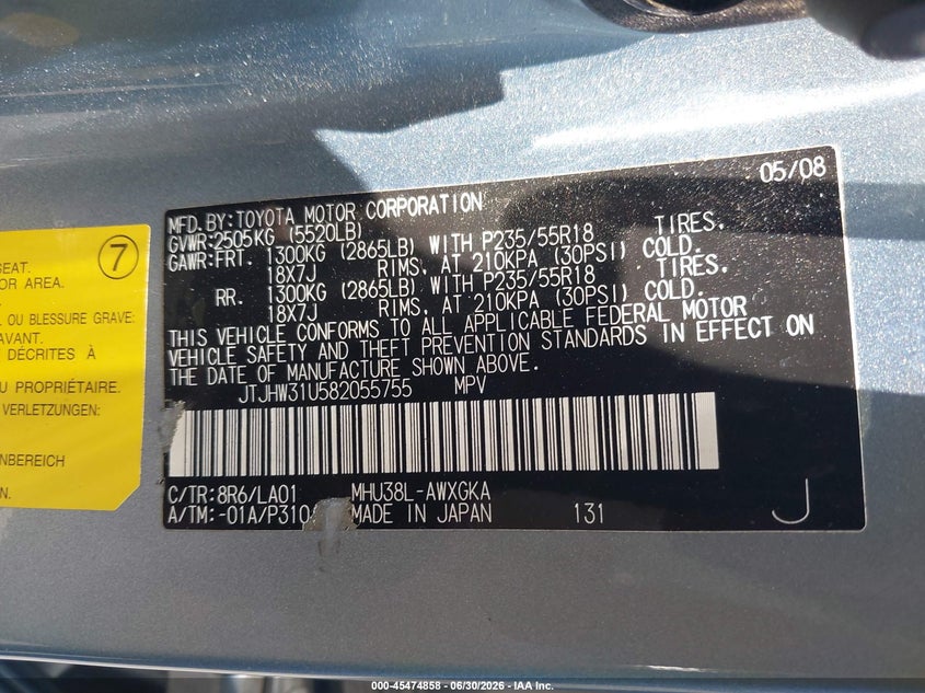 2008 Lexus Rx 400h VIN JTJHW31U582055755 IAAI salvage auction — FRONT END, Salvage Certificate (California), sold $1,100 on 2026-07-17 (photo 9)