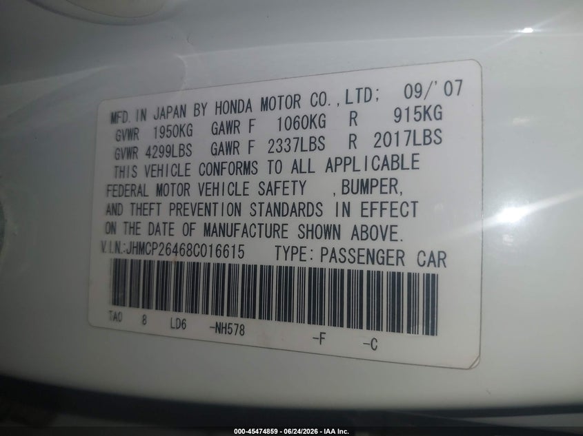 2008 Honda Accord VIN JHMCP26468C016615 IAAI salvage auction — REAR END, Salvage (Arizona), sold $1,000 on 2026-07-09 (photo 9)
