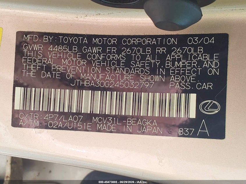 2004 Lexus Es 330 VIN JTHBA30G245032797 IAAI salvage auction — NORMAL WEAR, Clear (Louisiana), sold $425 on 2026-07-07 (photo 9)