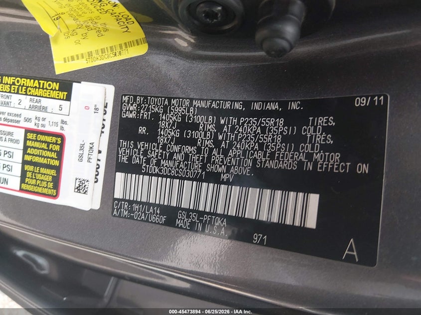 2012 Toyota Sienna VIN 5TDDK3DC8CS030771 IAAI salvage auction — HAIL, Clear (Colorado), sold $1,050 on 2026-07-28 (photo 9)