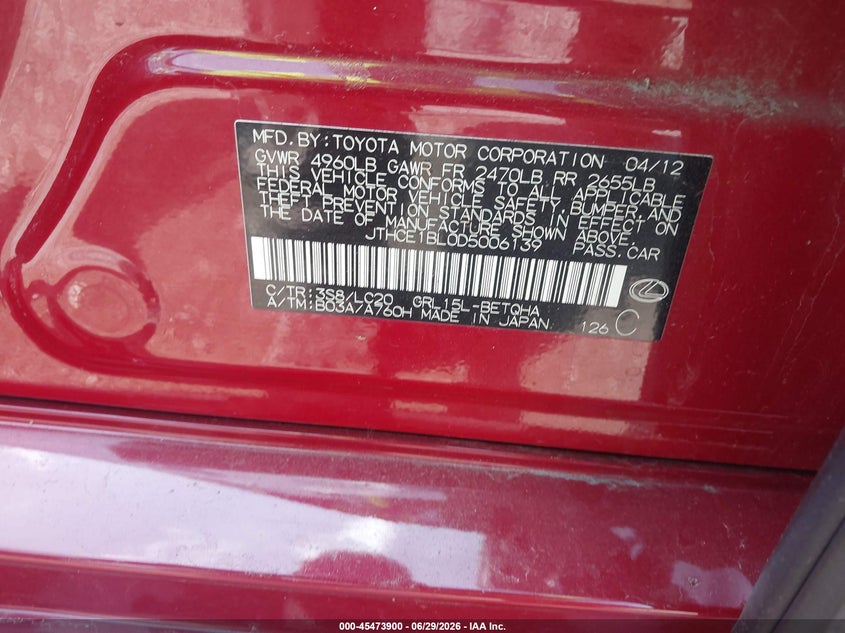 2013 Lexus Gs VIN JTHCE1BL0D5006139 IAAI salvage auction — NORMAL WEAR, Clear (Montana), sold $50 on 2026-07-28 (photo 9)