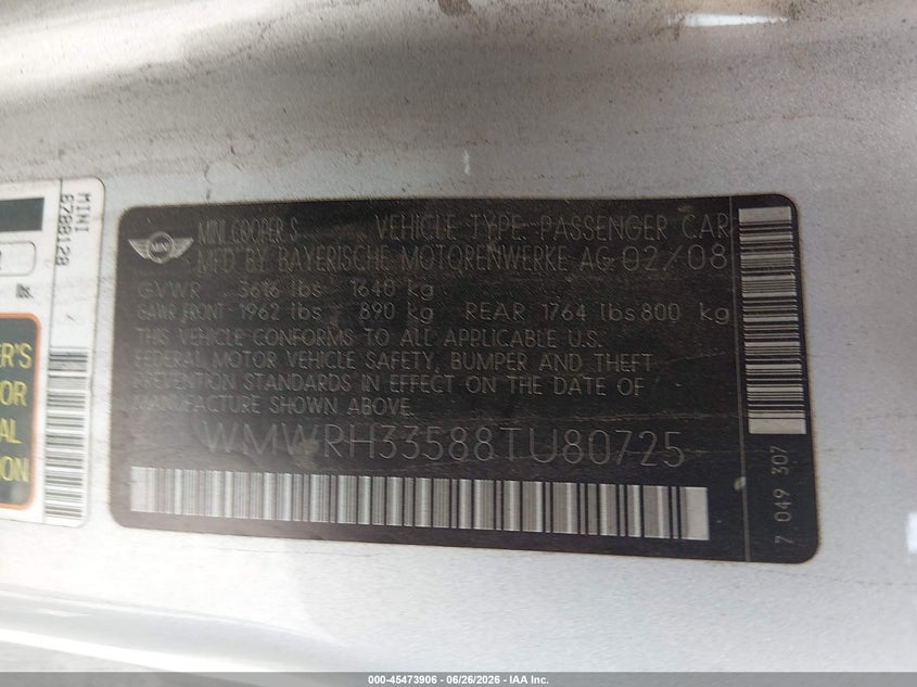 2008 Mini Cooper VIN WMWRH33588TU80725 IAAI salvage auction — NORMAL WEAR, Clear (South Carolina), sold $475 on 2026-07-07 (photo 9)