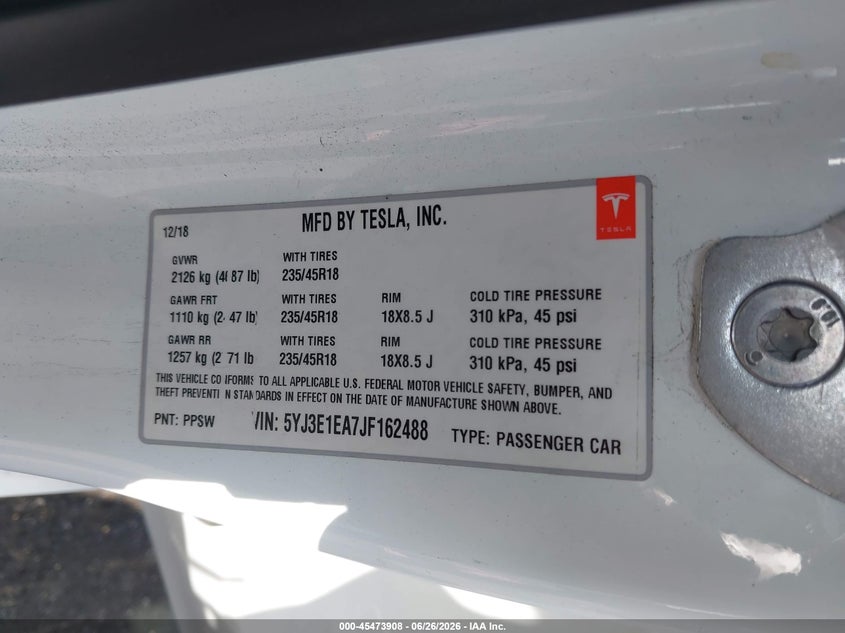 2018 Tesla Model 3 VIN 5YJ3E1EA7JF162488 IAAI salvage auction — FRONT END, Salvage Title, sold $5,175 on 2026-07-24 (photo 9)