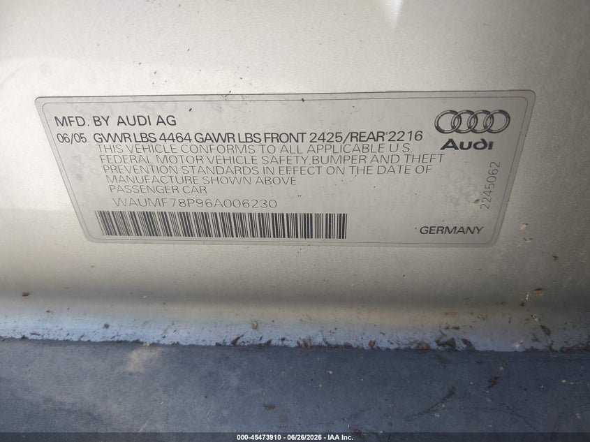 2006 Audi A3 VIN WAUMF78P96A006230 IAAI salvage auction — NORMAL WEAR, Clear - Dealer Only (California), sold $325 on 2026-07-09 (photo 9)