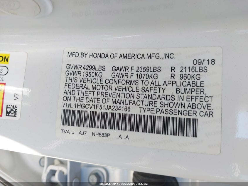 2018 Honda Accord VIN 1HGCV1F51JA234166 IAAI salvage auction — REAR END, Salvage (California), sold $5,800 on 2026-07-09 (photo 9)