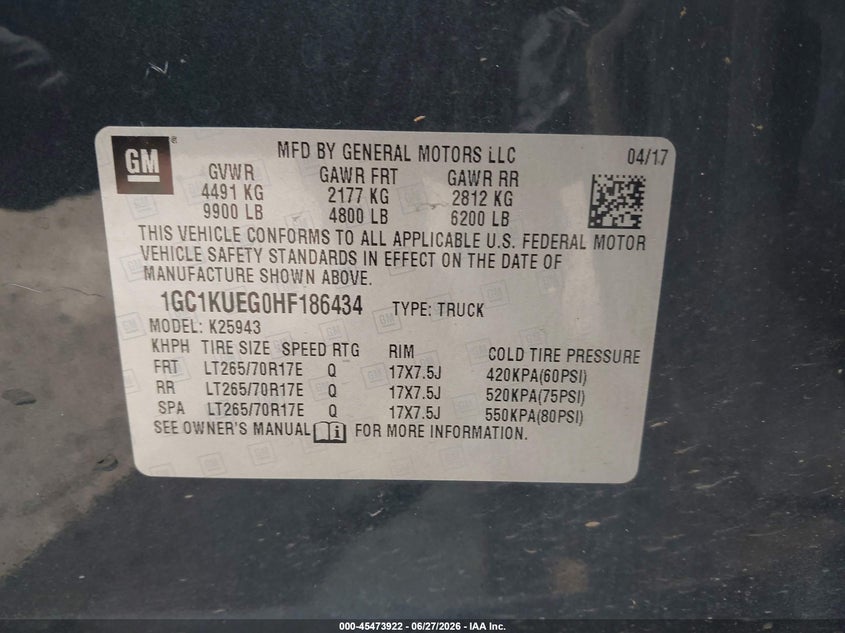 2017 Chevrolet Silverado 2500 VIN 1GC1KUEG0HF186434 IAAI salvage auction — RIGHT REAR, Sf97 (Washington), sold $14,100 on 2026-07-29 (photo 9)