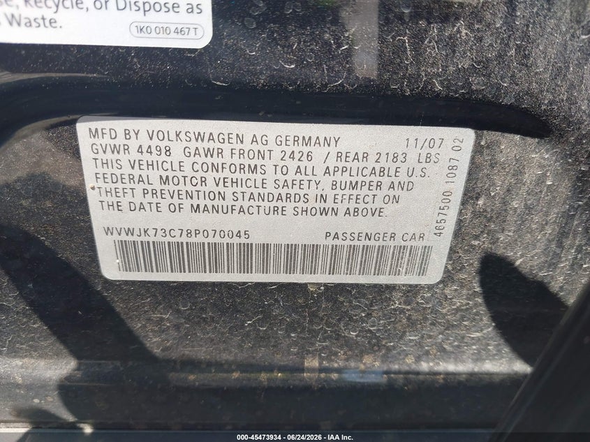 2008 Volkswagen Passat VIN WVWJK73C78P070045 IAAI salvage auction — UNKNOWN, Clear (Tennessee), sold $200 on 2026-08-13 (photo 9)