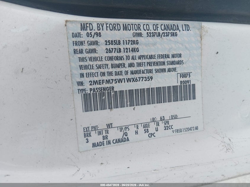 1998 Mercury Grand marquis VIN 2MEFM75W1WX677359 IAAI salvage auction — NORMAL WEAR, Clear (Missouri), sold $375 on 2026-07-09 (photo 9)