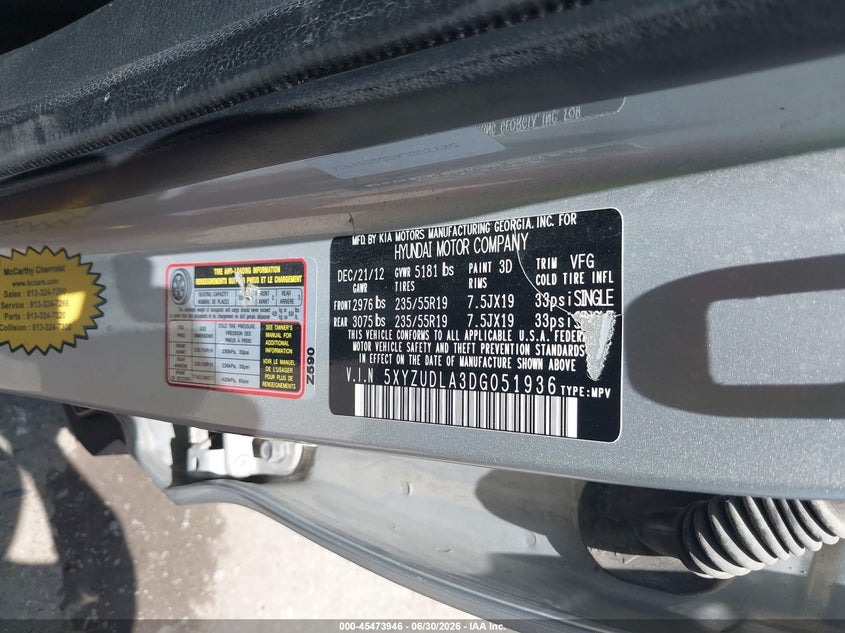 2013 Hyundai Santa fe VIN 5XYZUDLA3DG051936 IAAI salvage auction — FRONT END, Salvage (Kansas), sold $725 on 2026-07-31 (photo 9)