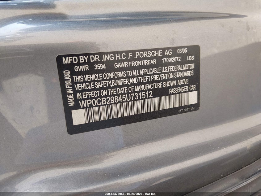 2005 Porsche Boxster VIN WP0CB29845U731512 IAAI salvage auction — SIDE, Salvage (Colorado), sold $3,300 on 2026-08-12 (photo 9)