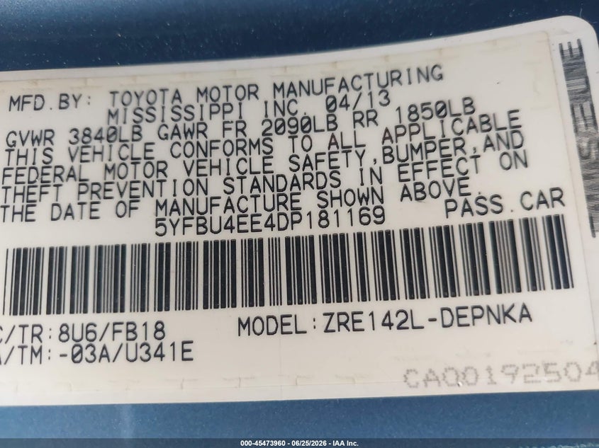 2013 Toyota Corolla VIN 5YFBU4EE4DP181169 IAAI salvage auction — REAR END, Salvage (California), sold $1,525 on 2026-07-29 (photo 9)