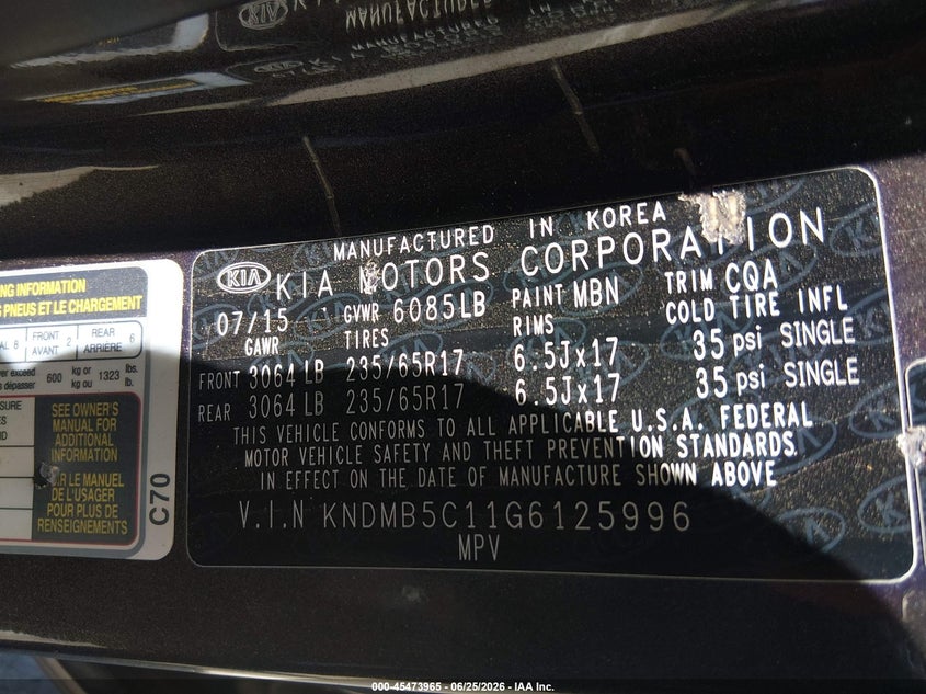 2016 Kia SEDONA VIN KNDMB5C11G6125996 IAAI salvage auction — ALL OVER, Salvage (California), sold $1,025 on 2026-07-07 (photo 9)