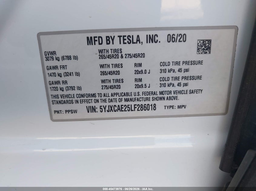 2020 Tesla Model x VIN 5YJXCAE25LF286018 IAAI salvage auction — REAR END, Salvage Title, sold $12,100 on 2026-08-02 (photo 9)