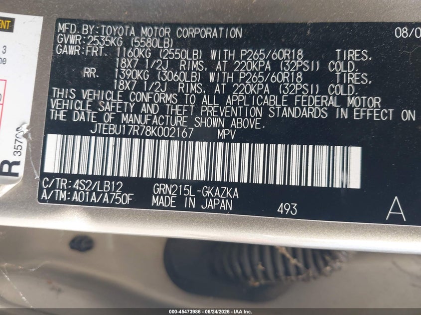 2008 Toyota 4runner VIN JTEBU17R78K002167 IAAI salvage auction — NORMAL WEAR, Clear - Dealer Only (California), sold $3,600 on 2026-07-29 (photo 9)