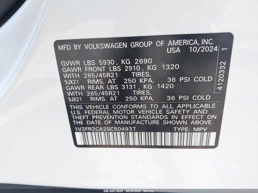 2025 Volkswagen Atlas VIN 1V2FR2CA2SC504937 IAAI salvage auction — SIDE, Mv-907A (New York), sold $13,400 on 2026-07-30 (photo 9)